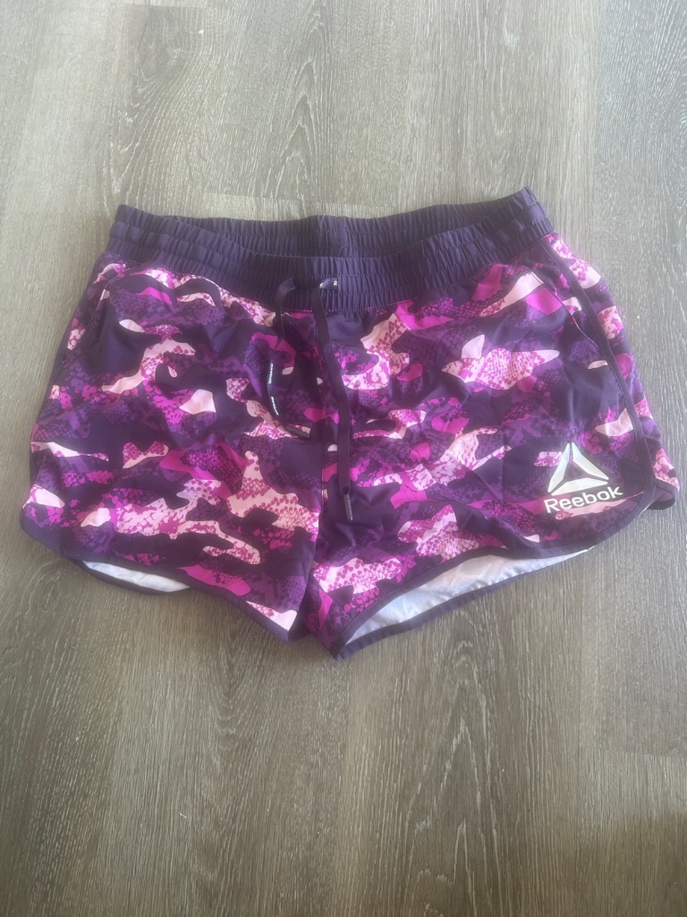 Reebok Women's Purple and Pink Camo Athletic Shorts-  large